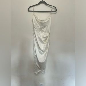 White Satiny Cowl Neck Midi Dress